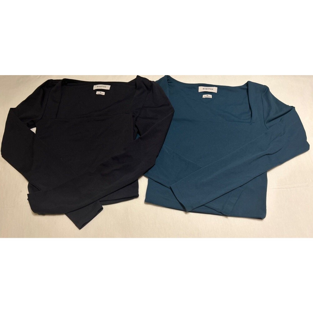 Aritzia Babaton Contour Sq Neck Long Sleeve Crop Top Sz XS Blue Teal/Black Set